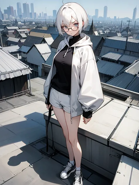 Anime Style、20-year-old women、White Hair、thin white eyebrows、Short Hair、Big Breasts、Thin gold round glasses、Large pupils、A listless look、Pitch black hoodie、White shorts、Black and white sneakers、Standing here, looking at me、rooftop、high resolution