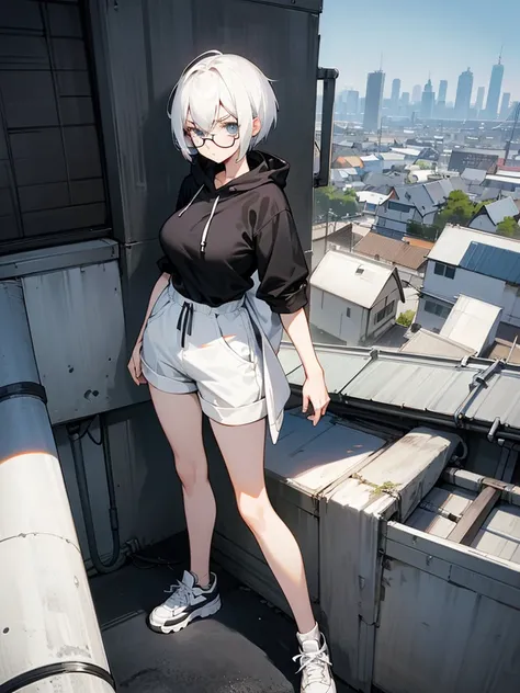 Anime Style、20-year-old women、White Hair、thin white eyebrows、Short Hair、Big Breasts、Thin gold round glasses、Large pupils、A listless look、Pitch black hoodie、White shorts、Black and white sneakers、Standing here, looking at me、rooftop、high resolution