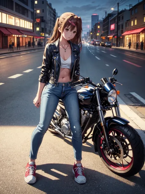 Girl, short blue jeans short, You can see her breasts,  street background, openlegs, night, highway, night, Sneakers, Bare chest, small breast, slim body, You can see the thong, Short Leather jacket  for a naked body, Sitting on a motorcycle, motorcycle, 