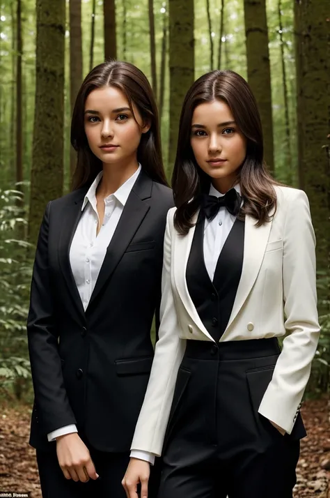 Two sisters 20 years old, with brown hair, Brown eyes, one has a black suit, the other one has a white suit, In the forest in a clearing, black labrador dog, holding a Siamese cat