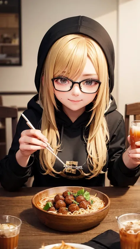 Solo 1 girl, blonde, hoodie & glasses, black hoodie, sitting, enjoying jumbo meatballs, using chopsticks, a glass of iced tea and super spicy meatballs, meatballs with noodle soup, cafe, he really enjoyed and was very happy, big breast, best quality, super...