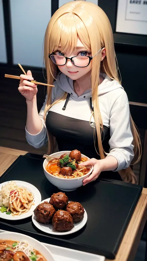 Solo 1 girl, blonde, hoodie & glasses, black hoodie, sitting, enjoying jumbo meatballs, using chopsticks, a glass of iced tea and super spicy meatballs, meatballs with noodle soup, cafe, he really enjoyed and was very happy, big breast, best quality, super...