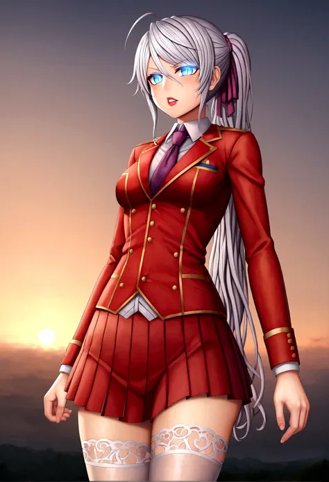 1girl, solo, kiana kaslana (herrscher of finality), looking to the side, from behind, ponytail, long ponytail, white hair, blue eyes, serious gaze, glowing eyes, solid eyes, sharp eyes, eyeliner, white pupils, bright pupils, slit pupils, purple scales, emo...