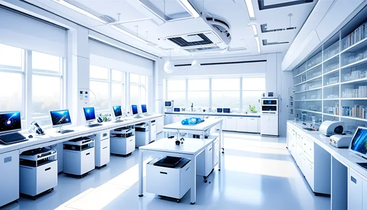 white and bright room。future science lab。institute of science。life sciences。