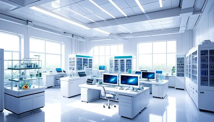 white and bright room。future science lab。institute of science。life sciences。