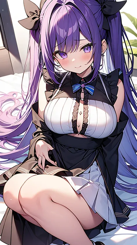 最high quality, high quality, 16K full body image, Ultra-detailed details, pretty girl, alone, beautiful purple hair, Beautiful purple eyes, Big Breasts, A light smile, Summer clothes, Summer Maid clothes, Im lifting my skirt, Blue and white color striped u...