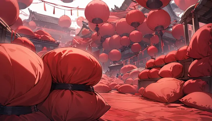 Lots of giant red silk pillows、