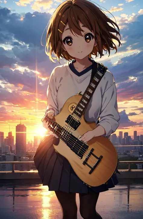 yuihirasawa, Yui Hirasawa, short hair, Brown Hair, hair ornaments, (Brown eyes:1.5),blush,smile,White oversized sweater, Black pleated skirt,White Pantyhose,short boots,Hair Clip,guitar(Gibson　Les Paul)Flip、smile、Overlooking the city from the top of the hi...