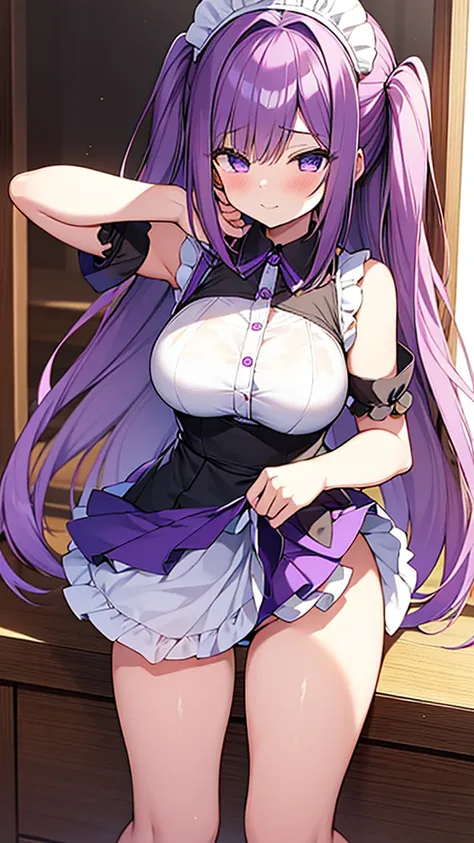 最high quality, high quality, 16K, Ultra-detailed details, pretty girl, alone, beautiful purple hair, Beautiful purple eyes, Big Breasts, A light smile, Summer clothes, Summer Maid clothes, Im lifting my skirt, Blue and white color striped underwear(Bikini ...