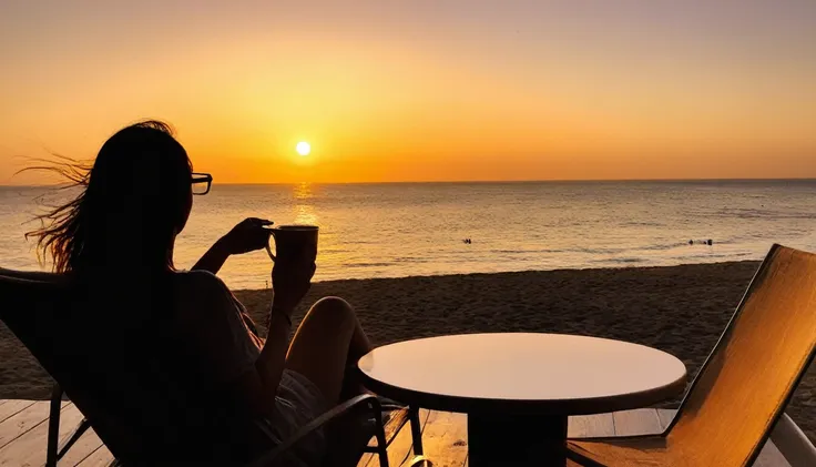 arafif sits in a chair、a coffee cup is placed on the table, ビーチのwatching the sunset, 浜辺でwatching the sunset少女, relax time. nice ...