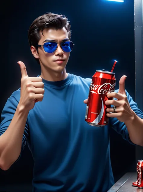 junkotvvxl presenting a choice of two drinks resting on his hands with open palms, can of coca-cola, can of pepsi, junkotvvxl, t...