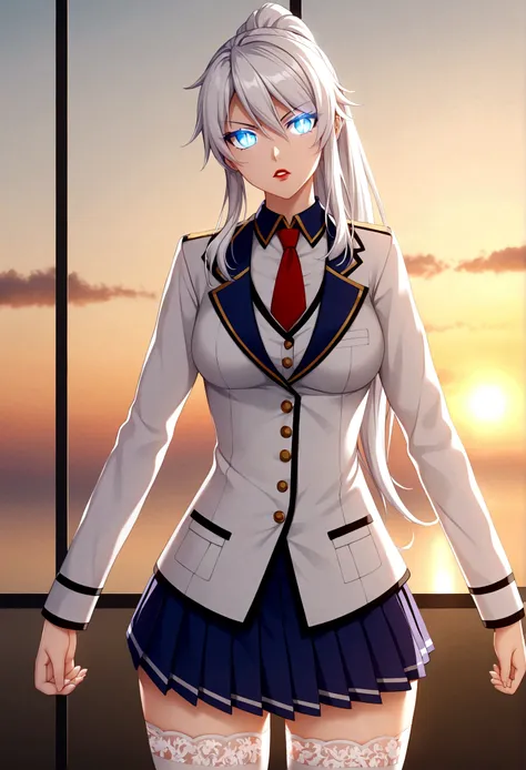 1girl, solo, kiana kaslana (herrscher of finality), looking to down, ponytail, long ponytail, white hair, blue eyes, serious gaz...