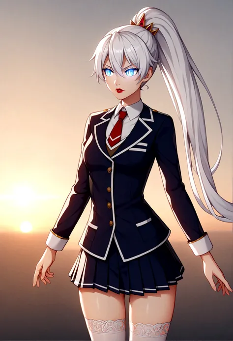 1girl, solo, kiana kaslana (herrscher of finality), looking to down, ponytail, long ponytail, white hair, blue eyes, serious gaz...