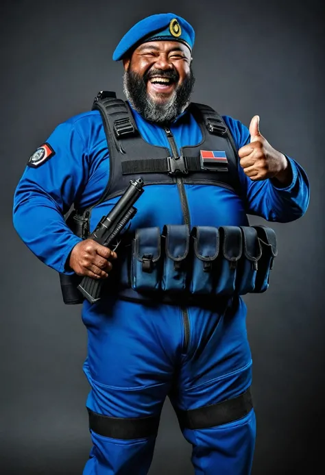 (a dark-skinned bearded fat old man in a bulky blue zipper diver suit) thumbs up, carrying a gun in holster and (wearing army beret), muscular, Basuki Abdullah, sumatraism, action, a character portrait, heroic, fierce, laughing