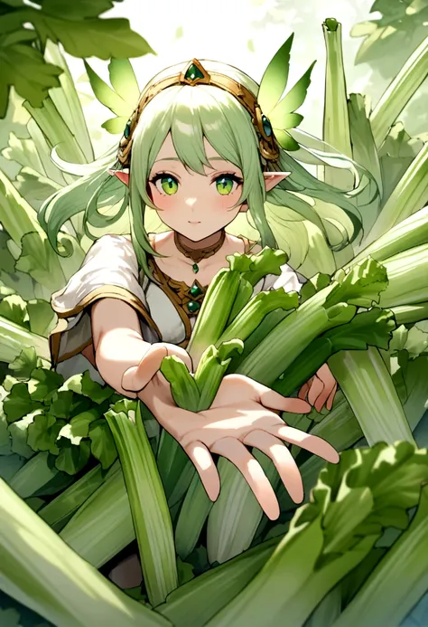 a  fairy flying over a pile of Celery, holding one Celery on her hand