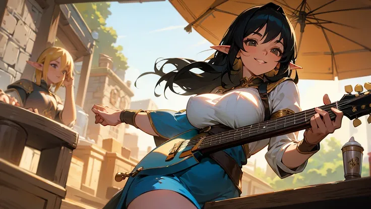 Anime Style,Nostalgic,Detailed background,The medieval world,A lively bar with lots of people,Smiling bard black-haired beautiful elf girl holding coffee,guitar,Large Breasts,Healthy thighs,Underarm