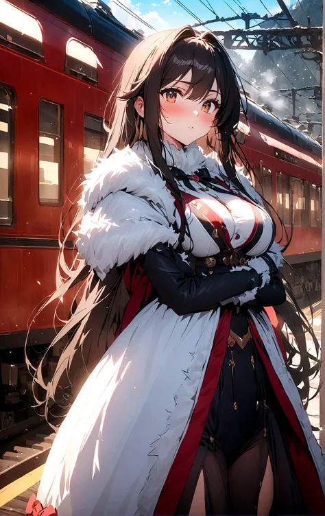 winter，Fur collar，one person，Snow Country，Long hair，Sexy，blush，train