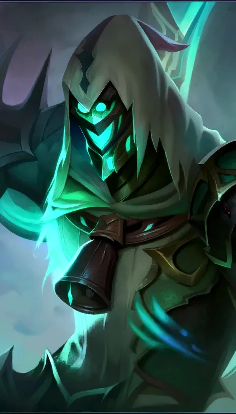 a close up of a person with a sword and a hood on, karthus from league of legends, painted portrait of mordekaiser, amazing portrait of viego, league of legends arcane, league of legends character art, league of legends art, league of legends character, ri...