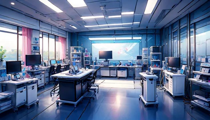 white and bright room。future science lab。institute of science。life sciences。the results of scientific experiments are displayed ...