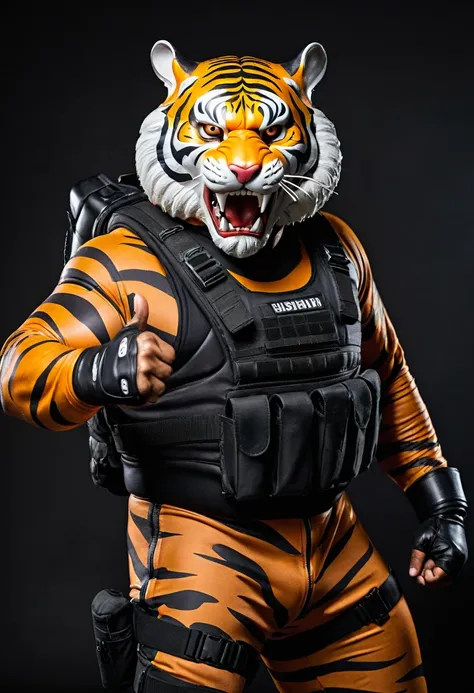 (a dark-skinned fat muscular old man in a bulky camouflage zipper diver suit) raising fist, (wearing realistic roaring siberian tiger mask) and gun inside a holster, thumbs up, muscular, Basuki Abdullah, sumatraism, action, a character portrait, heroic, fi...