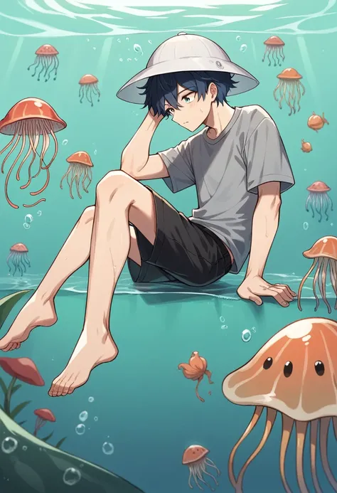 masterpiece, best quality, full body, (((1boy))), (wearing a grey shirt), (wearing a jellyfish hat), (Hair style: Boy Messy Japanese Round Haircut for Thick Hair), (black hair fading into blue hair), black shorts, ((solo)), fashionable,Under water, (in sid...