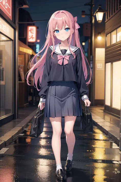 nodokaharamura, nodoka haramura, blue eyes, hair bow, long hair, pink hair, bow,
BREAK blue skirt, kiyosumi , pleated skirt,serafuku, skirt,
BREAK looking at viewer,
BREAK indoors, city,night,neon lights,rain,wet road,reflections
BREAK (masterpiece:1.2), b...