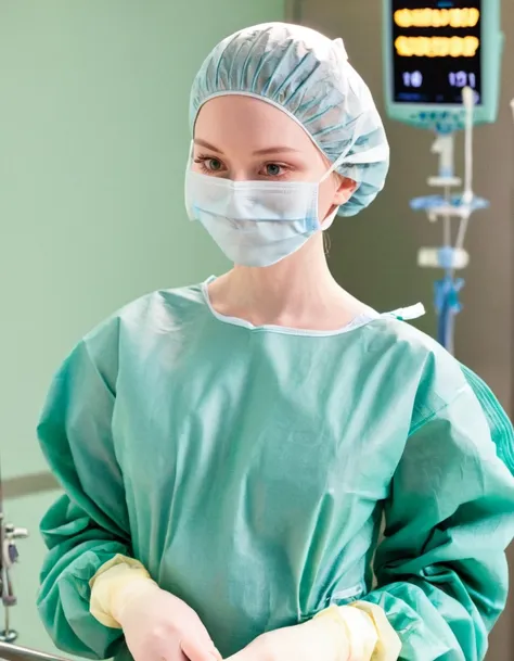 score_9,  score_8_up, score_7_up, masterpiece, highest quality, pale skin, shy eyes, cover the ears, big breasts, surgical mask, surgical cap, long sleeve surgical gown,
1 girl, solo, rubber gloves, frown,  standing, in one hospital, in the operating room,