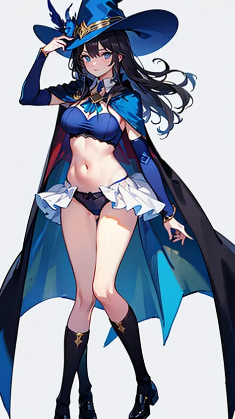 Very cute magician girl，(Large Breasts)，Magic Hat，Perfect body，(Black long hair)，(blue eyes)，High Detail，high quality，(Blue cape:1.5)，(Navel:1.5)，(Exposing breasts:1)，(Black lace underwear)，Shy