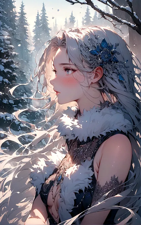 winter，Fur collar，one person，Snow Country，Long hair，Sexy，blush，Wind blowing through hair