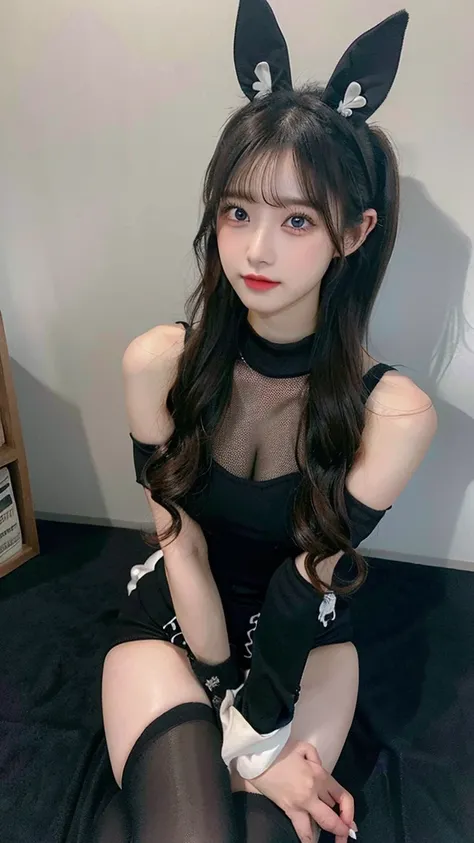 （8K、high resolution、High resolution、Fine details）Beautiful eyelashes、High resolutionの顔、Zoom out、18 years old、 Beautiful detailed eyes、Random cute hairstyles、C cup breasts、Black Bunny Girl Costume、Black rabbit ear headband、Sexy tight outfit、Fishnet tights