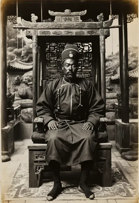 A man of Chinese descent, black face, black body, black hands, black feet, like a Negro, dressed in a Chinese guard uniform. On the throne of a Chinese shrine with execution equipment next to it.