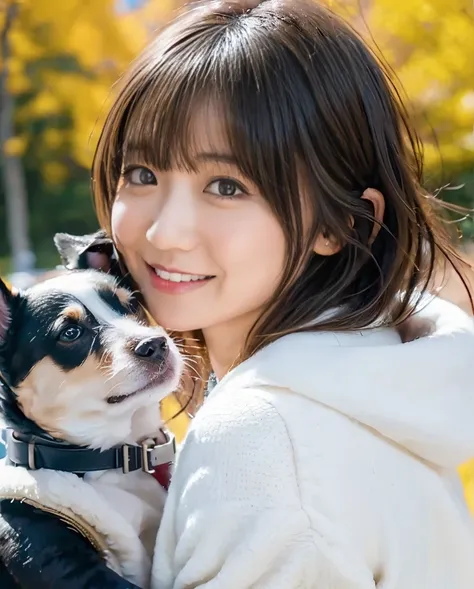 being with a dog、a girl and a dog warming themselves by a bonfire、lens flare、hair blowing in the wind、medium short hair、、express...