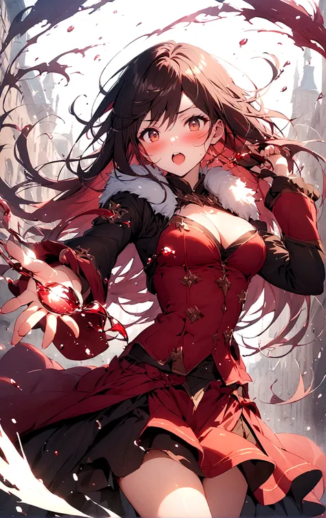 winter，Fur collar，one person，Snow Country，Long hair，Sexy，blush，Wind blowing through hair，wine