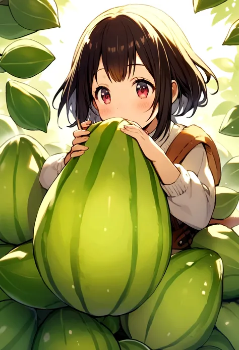 a  fairy flying over a pile of Chayote, holding one Chayote on her hand