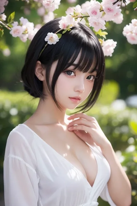 1girl, highly detailed beautiful young anime girl with black hair, realistic shadows, extremely detailed skin, very small breasts, perfect facial features, detailed eyes, nose, lips, looking at viewer, wearing white shirt, flower in hair, masterpiece, best...