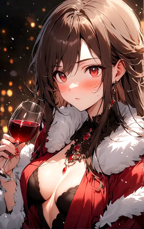 winter，Fur collar，one person，Snow Country，Long hair，Sexy，blush，Wind blowing through hair，wine