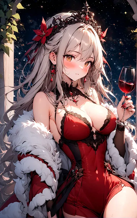 winter，Fur collar，one person，Snow Country，Long hair，Sexy，blush，Wind blowing through hair，Starry Sky，Wine Glass