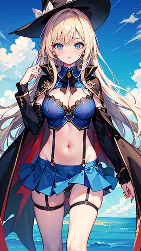 Very cute magician girl，(Large Breasts)，Magic Hat，Perfect body，(Sky blue long hair)，(Deep blue eyes)，High Detail，high quality，(Blue cape)，(Navel:1.5)，(Exposing breasts:1)，(Black lace underwear)，Short dark blue skirt，Black suspender stockings，Shy