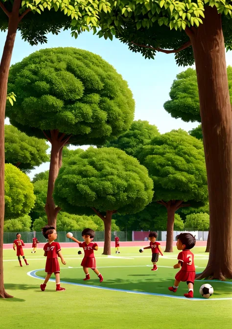 a football play ground, trees around the ground ,boys play football