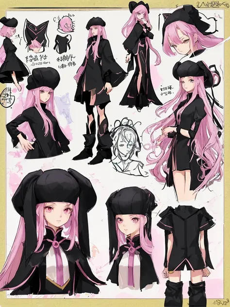 best quality, character design sheet, woman、No hat on, Black and pink hair, whole body, Head to Toe, No hat on, Wizard&#39;s Workshop Background, No hat on, Standing facing forward, Beautiful black dress, Black hair with pink inner color, whole body, Pure ...