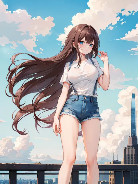 (Daytime, Excellent, 8K, Masterpiece:1.3)), Full body, Long legs, Focal length: 1.2, Perfect Body Beauty: 1.4, Slim Abs: 1.1, ((Dark Brown Hair, Big Breasts: 1.2 )), (White Skinny T-shirt, Denim Suspenders, Standing: 1.2), ((City, Blue Sky and White Clouds...