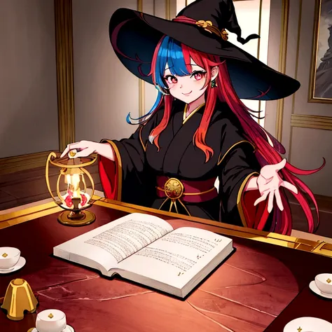 ((highest quality,8k，absurd resolution，16k, masterpiece: 1.3))cinematic, ((multicolored hair)), hair, study, witch hat, (big hat...