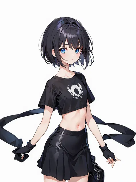 1girl, solo, blue eyes, (detailed eyes), flat chest, short hair, black hair, ((black t-shirt)), simple t-shirt, black skirt, bla...