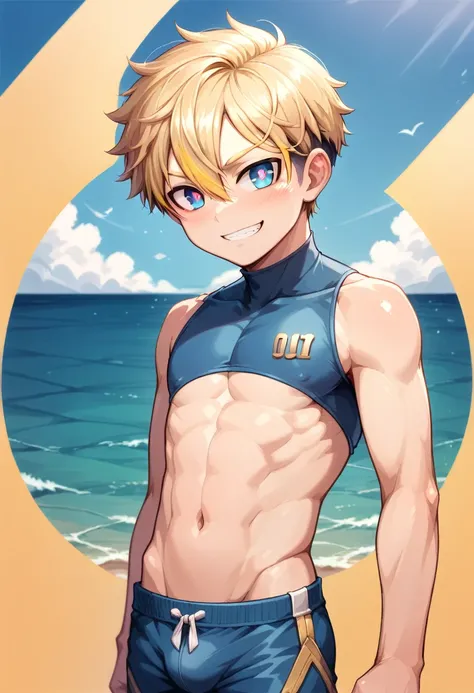 (One boy:1.4), (very short hair), Crew Cut, (alone:1.4), SFW, (bulge:0.4), Male characters, ((masterpiece)),
Multicolored background, Hair between the eyes, Eye highlights, (Blonde:1.4)
(Blue rash guard :1.1), (hot pants:1.2) , Colorful eyes,  Male charact...