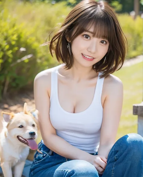 tank top and jeans、super delicate dog expression、being with a dog、a girl and a dog warming themselves by a bonfire、lens flare、ha...