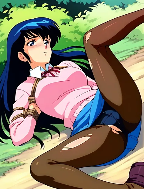 Kyoko,score_9,score_8_superior,score_7_superior,sauce_anime,One girl,alone,View your viewers,soaked,downpour,in the forest,Pink Sweater,White collared shirt,length_skirt,blue skirt,Spread your legs,Pantyhose exposed,Lying down,Sad face,:to be tied up、Bonda...