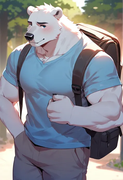 polar bear, 1boy, male, solo, (muscle:0.3), big tits, pecs, shy face, casual clothes, backpack, pan left angle