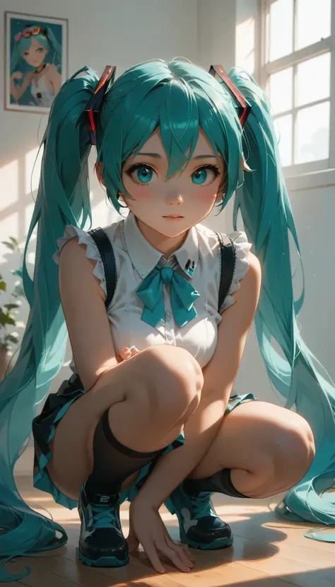 RAW Photos、Blue-green hair,Dual Horsetail,sexy,Adorable,Small eyes、Expressionless,Squat,Twin tails、hatsune miku、Official Art，unity 8k wallpaper，Very detailed，Beautiful works，Highest quality，Realistic,Photo level、Highest quality、Best image quality、masterpie...