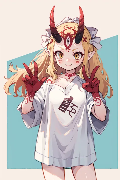 1girl, solo, (ibaraki_douji), blonde, yellow eyes, oni horns, pointy ears, alternative costume, shirt, white shirt, (modern fashion), oversized clothes, bottomless, bare shoulder, off shoulder, flat chest, forehead, ((red hands)), (peace sign and the other...