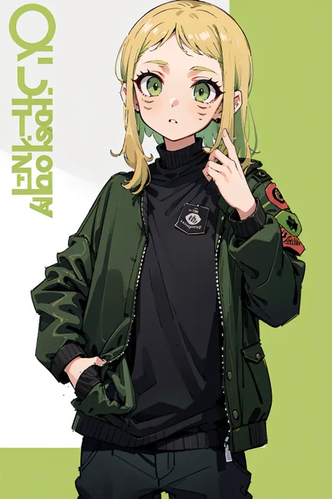 (masterpiece: 1.2, best quality), (1 lady, solo, upper body: 1.2),Detailed face, Black and white,, a girl in a black jacket and green Cargo pants standing, wearing Cargo pants, a green colored bomber jacket, Cargo pants , wearing dark green bomber jacket, ...